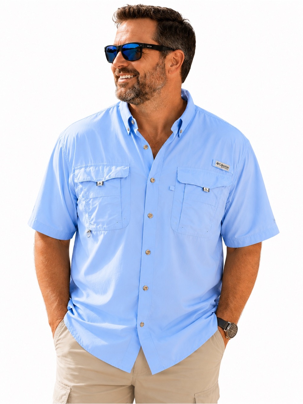Columbia Light Blue Short-Sleeve Button-Down Fishing Shirt